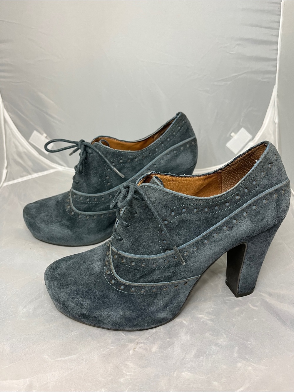 Miz Mooz Slate Blue Suede Lace-Up High Heel Oxford Booties - Size 8.5